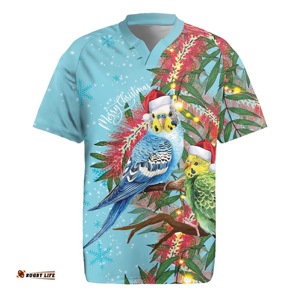 Blue Budgies on Callistemon Rugby Jersey Merry Christmas Aussie LT7