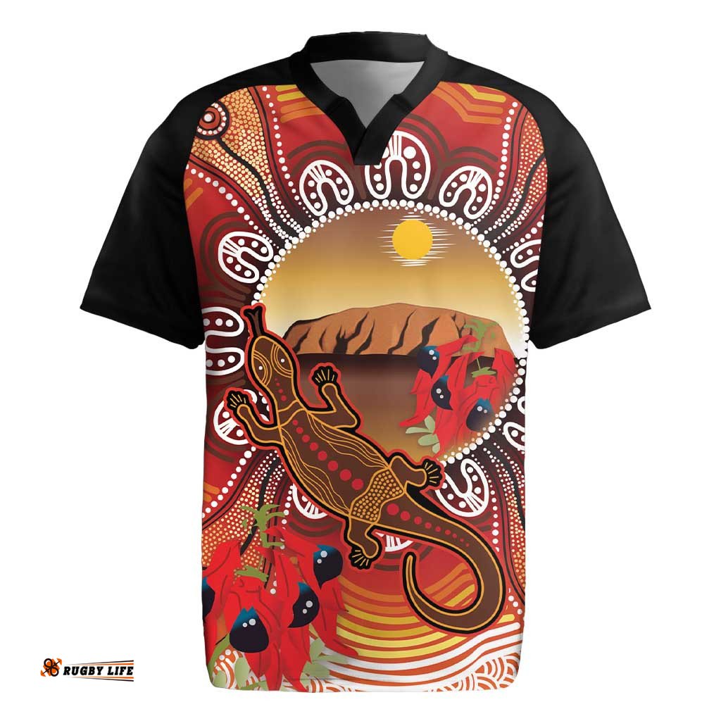 Indigenous Goanna Australia Rugby Jersey Aussie Uluru Ayers Rock Sturt's Desert Pea LT14