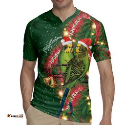 Green Budgerigars on Callistemon Rugby Jersey Merry Christmas Aussie LT7