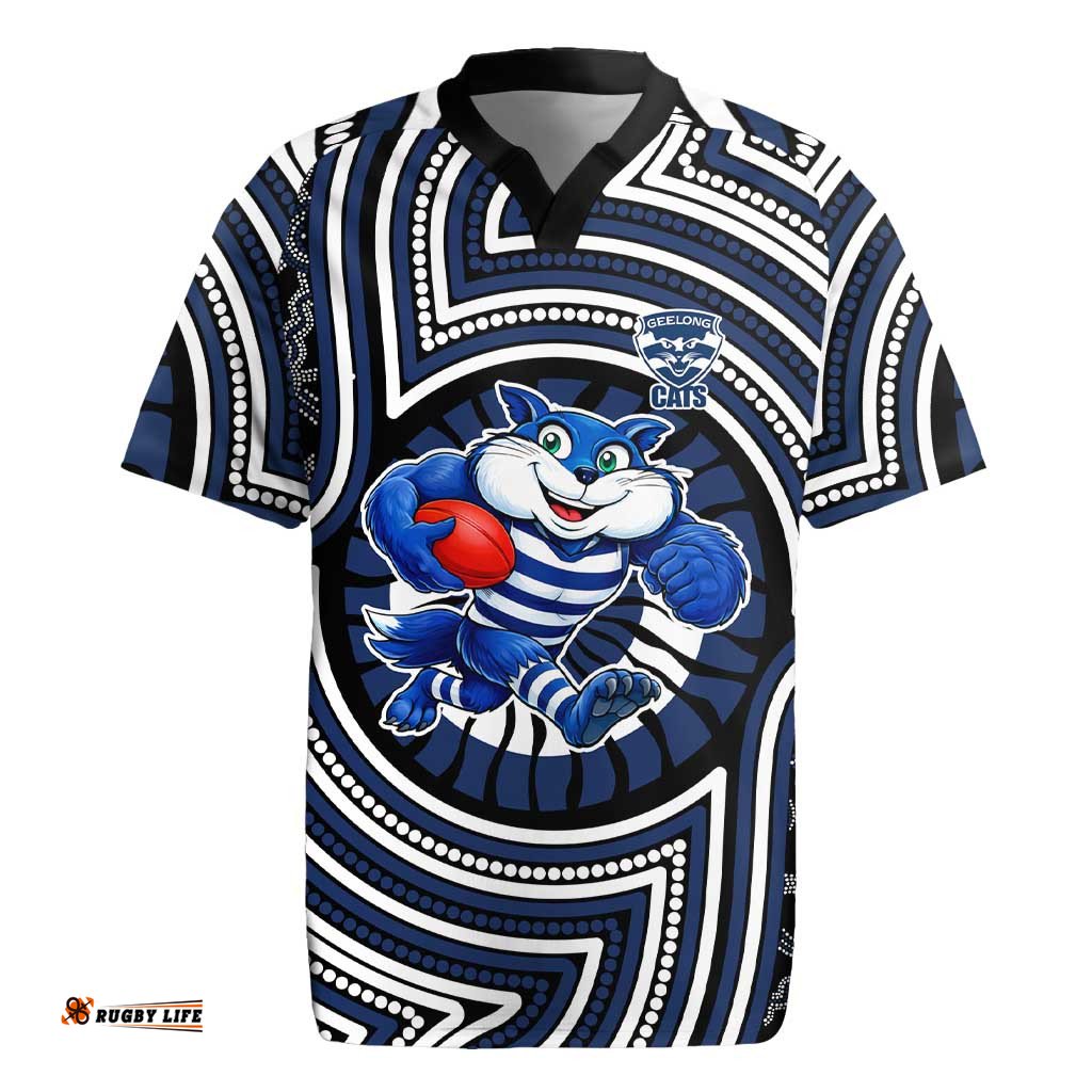 Geelong Cats Rugby Jersey Indigenous Monochrome Dot Art Mascot Style TS04