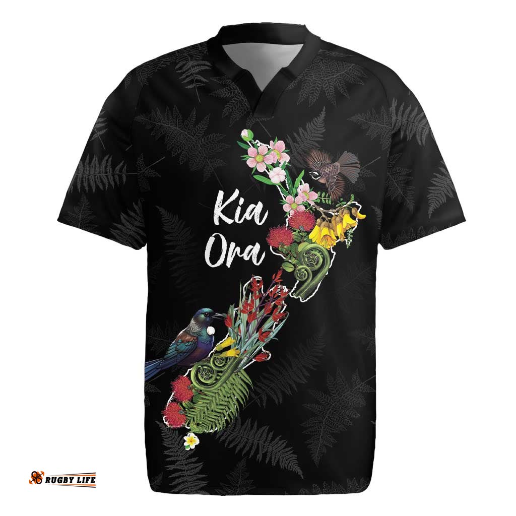 Kia Ora New Zealand Floral Personalized Rugby Jersey Black LT7
