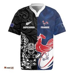 France And New Zealand Rugby Custom Rugby Jersey Les Bleus Rooster With Maori Tiki LT05
