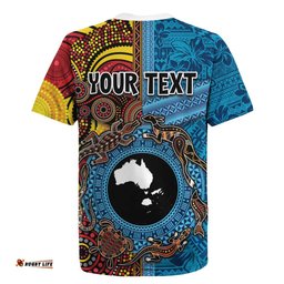 Personalised Australia and Fiji Together Rugby Jersey Tribal Palm Tree with Tapa and Aboriginal Animals Half Style LT03