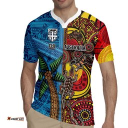 Personalised Australia and Fiji Together Rugby Jersey Tribal Palm Tree with Tapa and Aboriginal Animals Half Style LT03