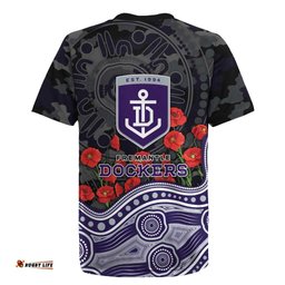 Fremantle Dockers ANZAC Day Rugby Jersey Indigenous Dot Art with Poppy Flower Tribute TS04