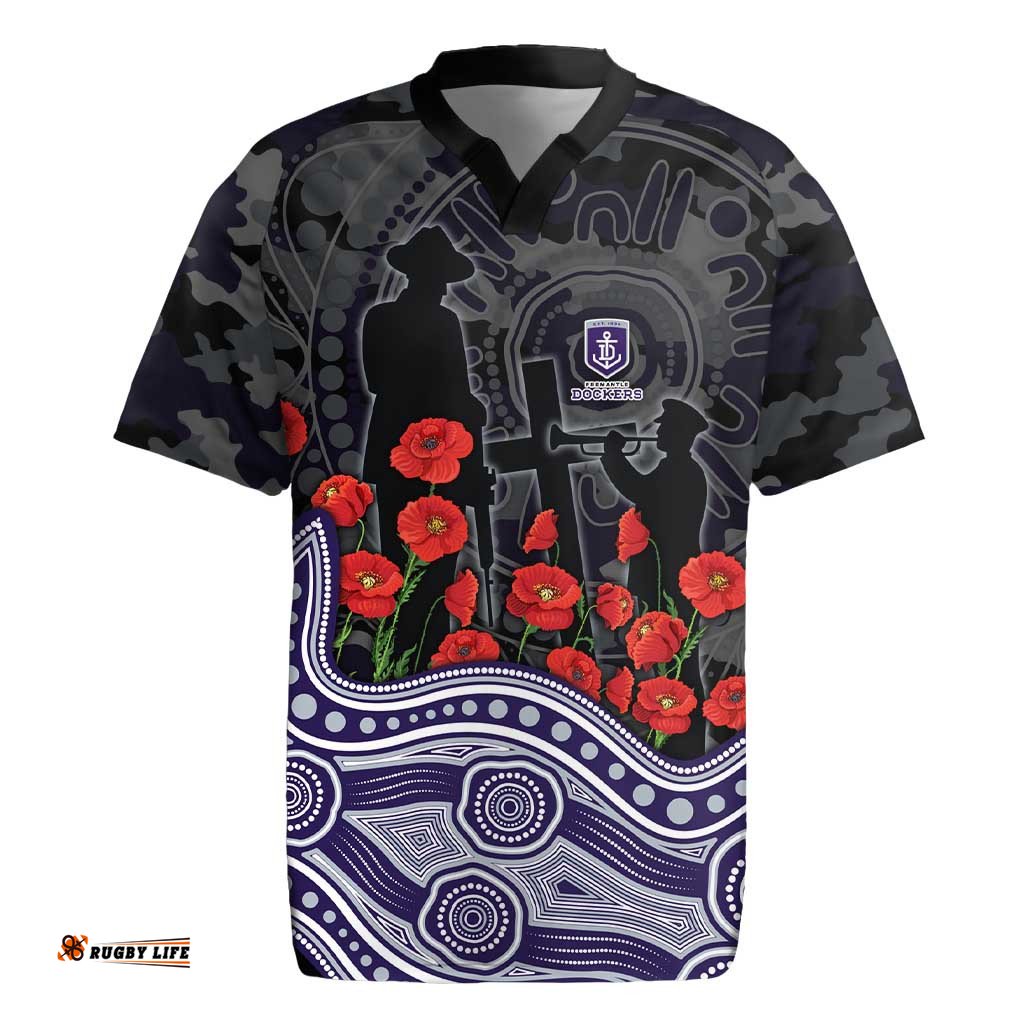 Fremantle Dockers ANZAC Day Rugby Jersey Indigenous Dot Art with Poppy Flower Tribute TS04