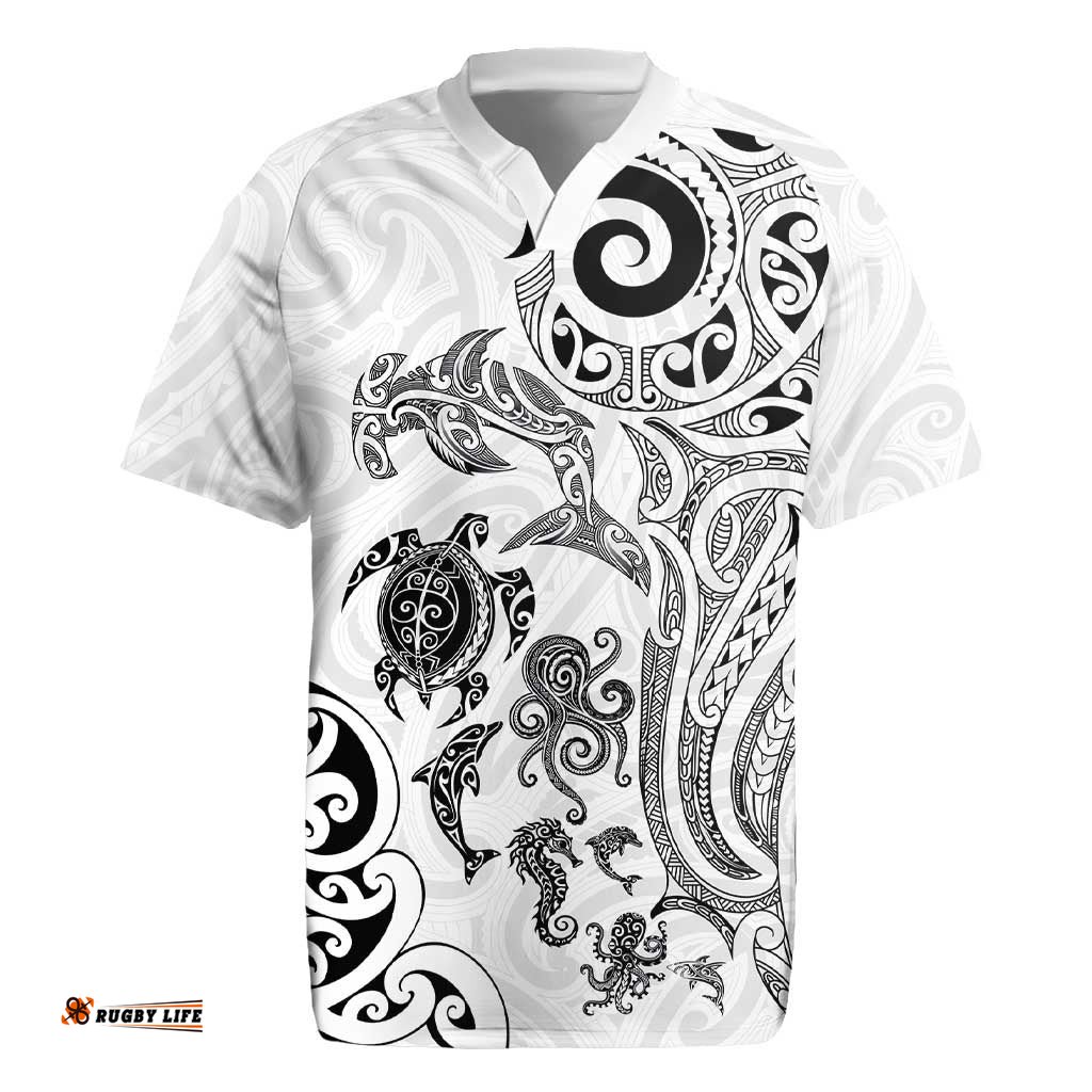New Zealand Sea Animals with Maori Tribal Tattoo Rugby Jersey White Color LT03