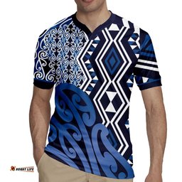 New Zealand Rugby Jersey Aotearoa Kowhaiwhai Mix Taniko Art - Blue LT14