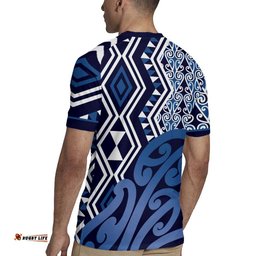 New Zealand Rugby Jersey Aotearoa Kowhaiwhai Mix Taniko Art - Blue LT14