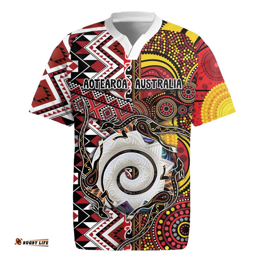 Personalised Aotearoa and Australia Together Rugby Jersey Koru and Kangaroo - Taniko with Aboriginal Motif LT03