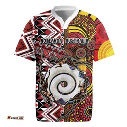 Personalised Aotearoa and Australia Together Rugby Jersey Koru and Kangaroo - Taniko with Aboriginal Motif LT03