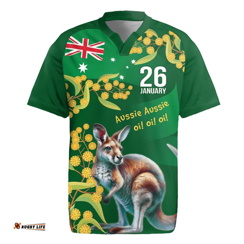 Green Kangaroo and Golden Wattle Personalised Rugby Jersey Happy Australia Day 6 January LT9