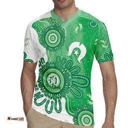 NAIDOC Week 2026 Rugby Jersey 50 Years Deadly Dhari Green Aboriginal Art LT14