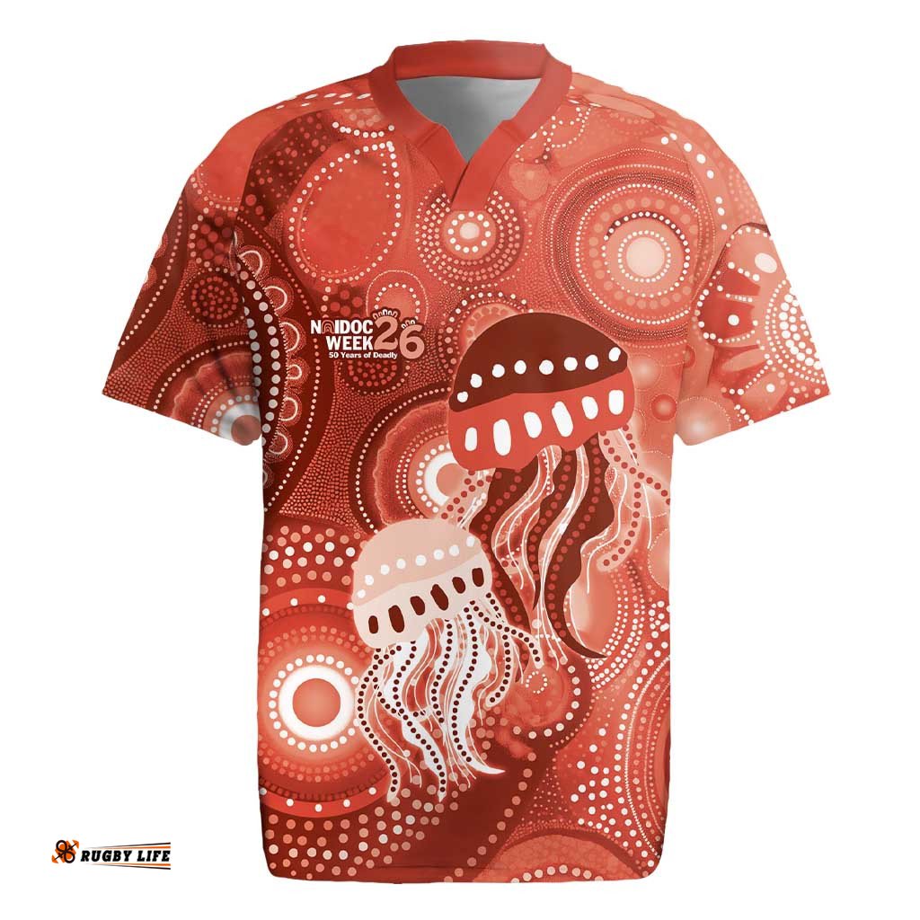 NAIDOC Deadly 50 Years Rugby Jersey Jellyfish Aboriginal Culture Inspired Red LT9