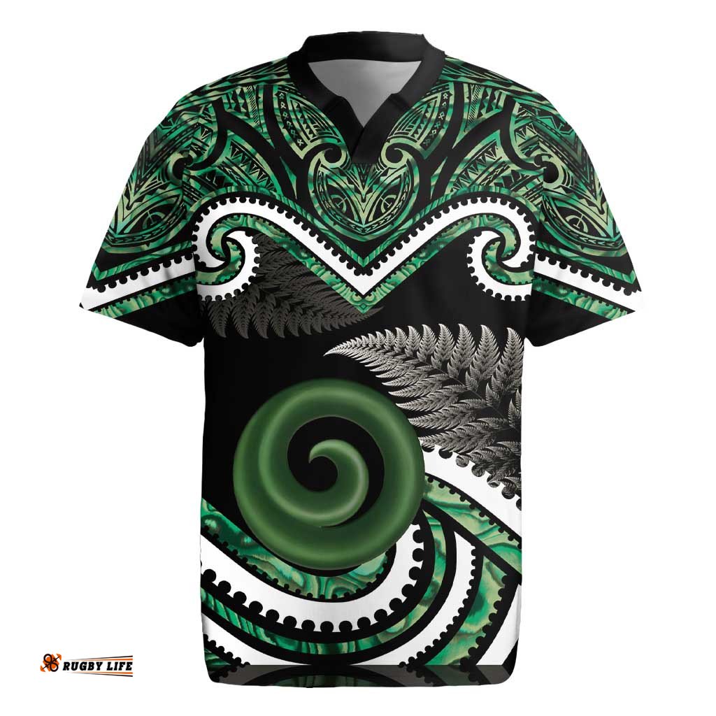 Koru Pounamu Aotearoa Rugby Jersey Maori Paua Shell Mix Silver Fern LT14
