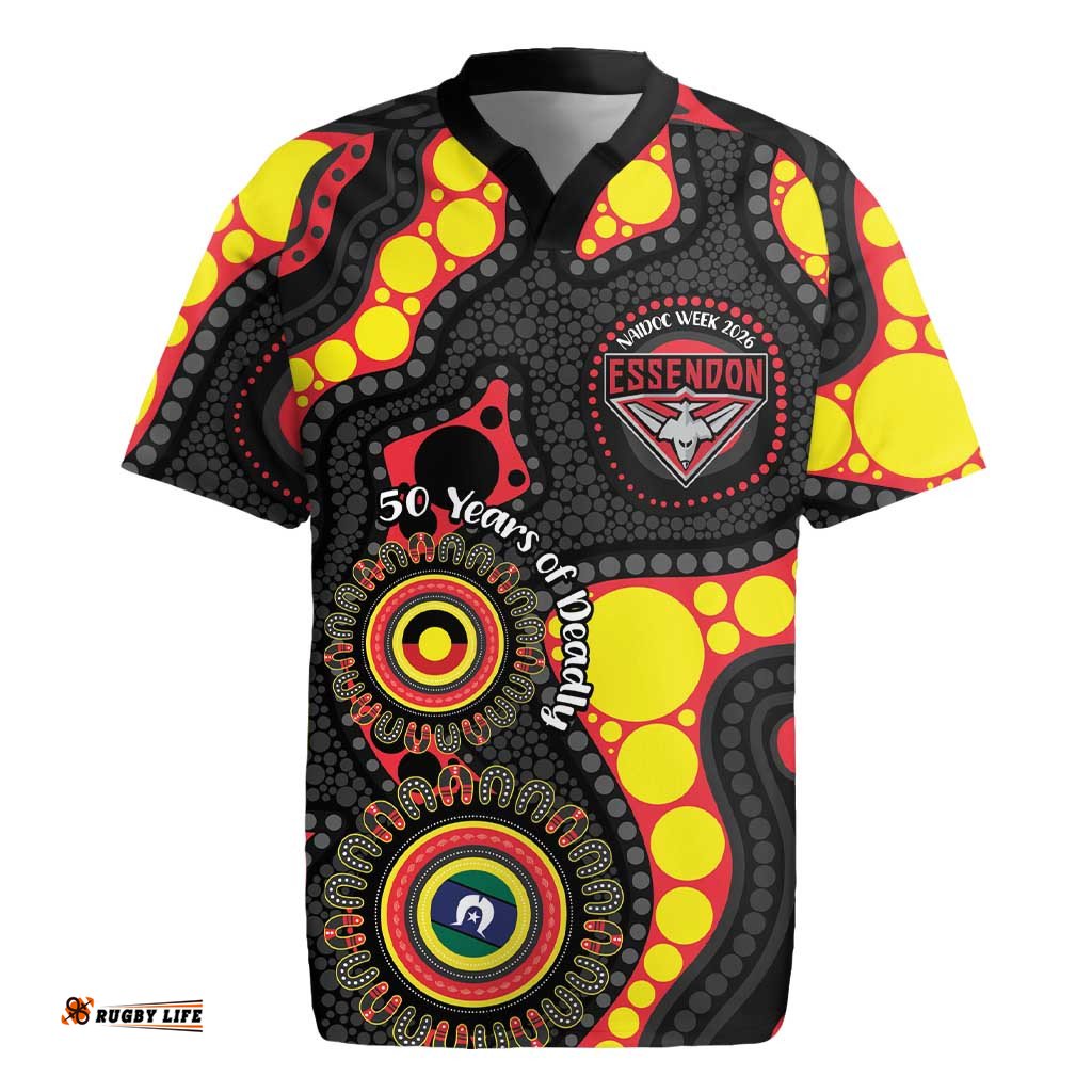 Essendon Bombers NAIDOC Week 2026 Personalised Rugby Jersey 50 Years of Deadly Aboriginal Art LT14