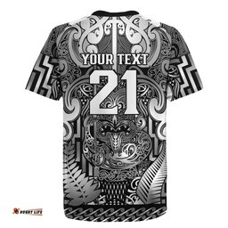 Custom New Zealand Taiaha Maori Rugby Jersey Kiwikiwi Minimalist Silver Fern Tukutuku Motif LT9