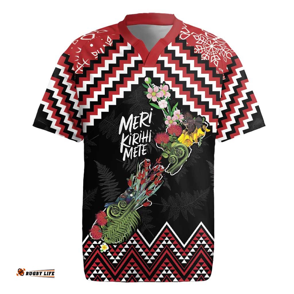 New Zealand Christmas Taniko Poutama Rugby Jersey Flora Map with Birds LT7