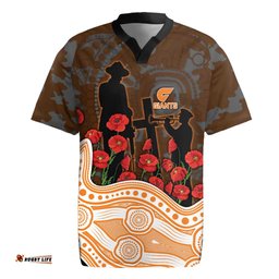 GWS Giants ANZAC Day Rugby Jersey Indigenous Dot Art with Poppy Flower Tribute TS04