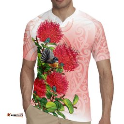 New Zealand Fantail Rugby Jersey Maori Koru With Pohutukawa Flowers LT05