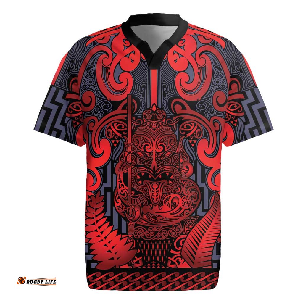 Custom New Zealand Taiaha Maori Rugby Jersey Whero Minimalist Silver Fern Tukutuku Motif LT9