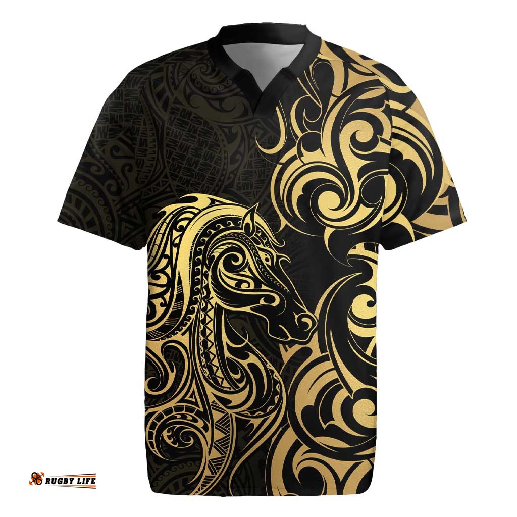 Gold And Black Aoteara Horse Racing Rugby Jersey NZ Maori Pattern LT14