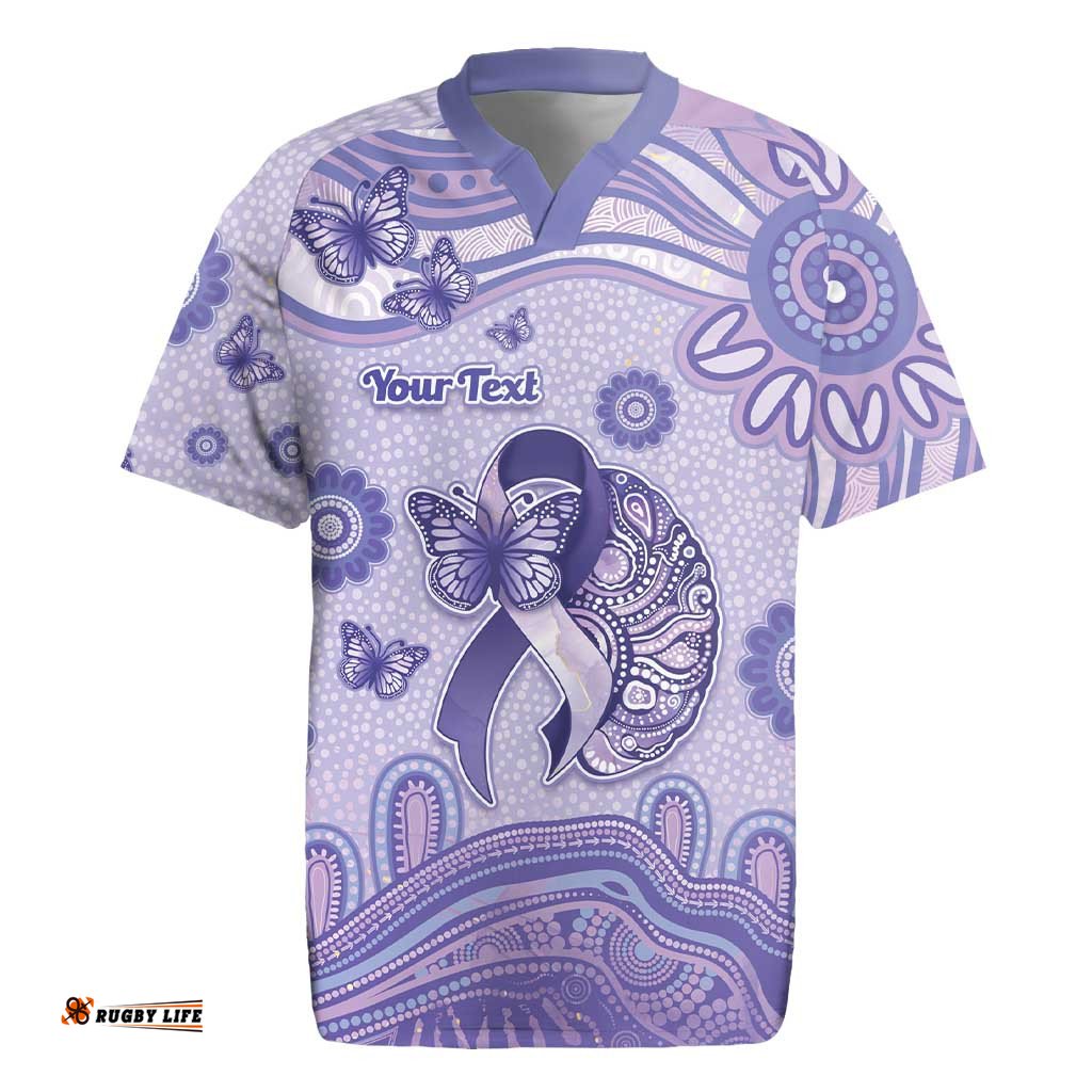 Personalised Epilepsy Awareness Rugby Jersey Purple Ribbon Butterfly And Brain Aboriginal Art DT05
