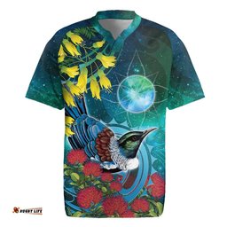 New Zealand Tui Bird Rugby Jersey Maori Koru With Pohutukawa Galaxy Style LT05