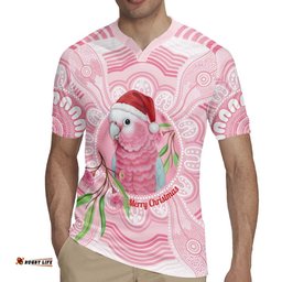 Funny Pink Galah Australia Christmas Rugby Jersey Eucalyptus Blossoms Aboriginal Art LT14