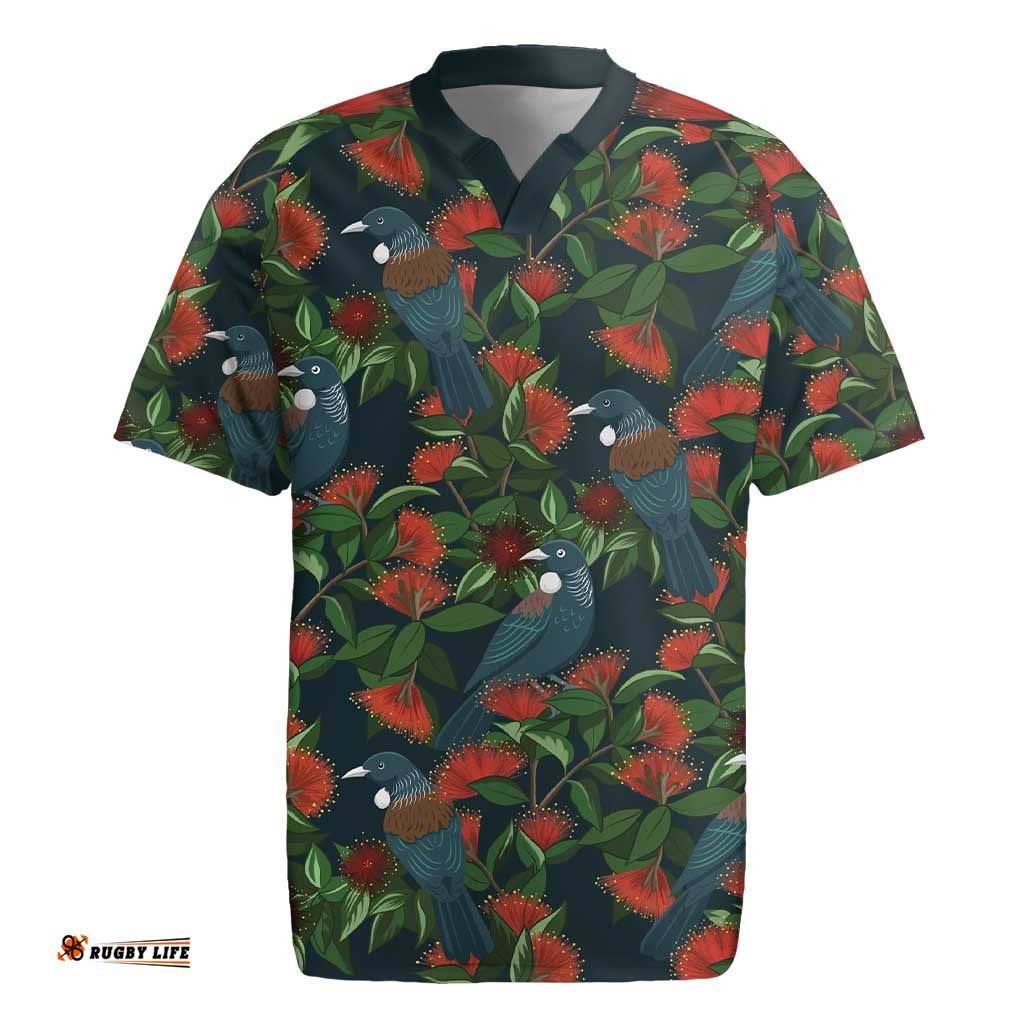 New Zealand Christmas Rugby Jersey Romantic Tui Birds on Pohutukawa - Cobalt LT7