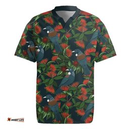 New Zealand Christmas Rugby Jersey Romantic Tui Birds on Pohutukawa - Cobalt LT7