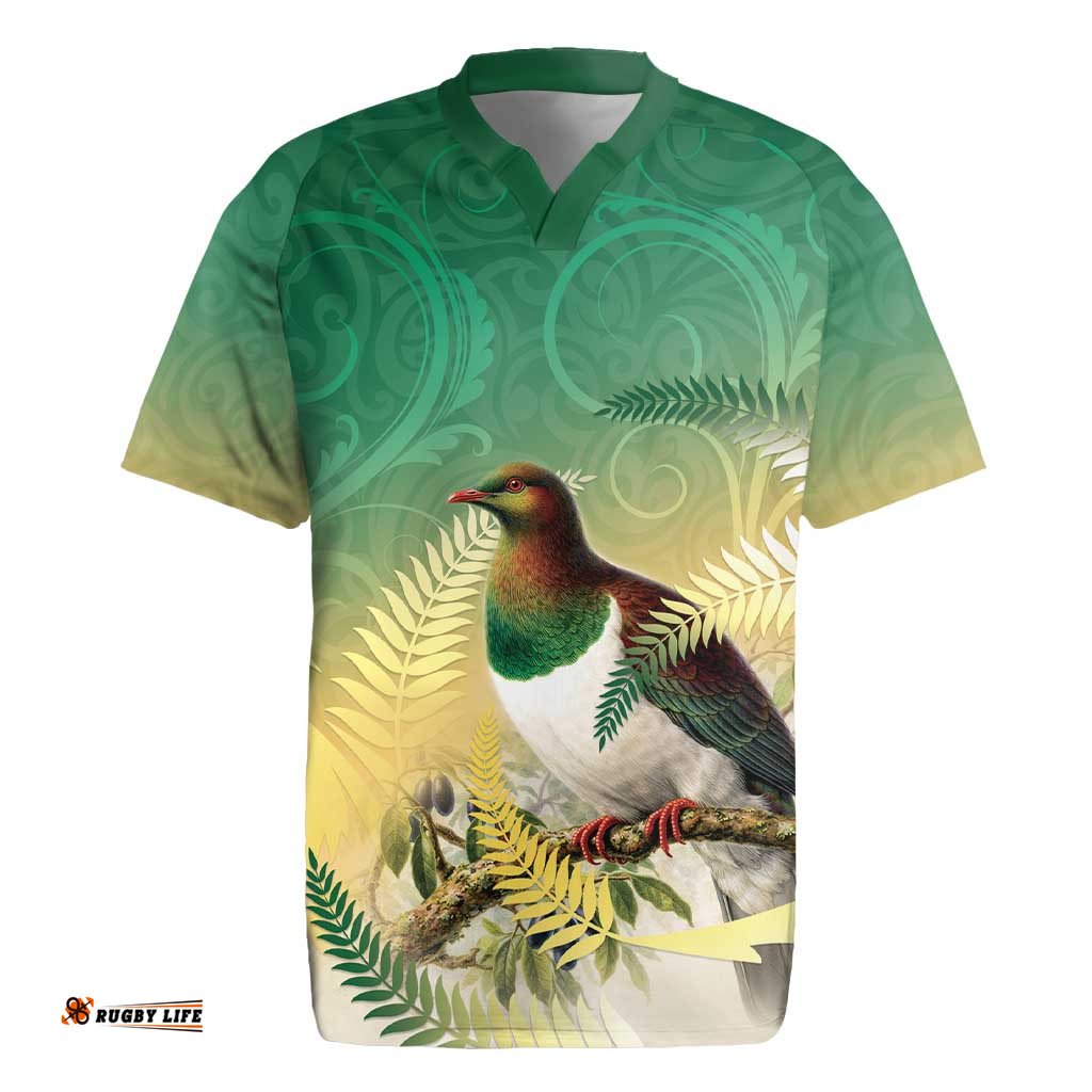 New Zealand Pigeon Kereru Rugby Jersey Maori Fern Art Green Gradient LT05