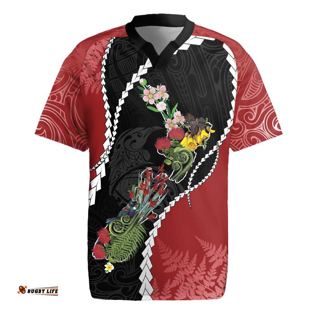 New Zealand Christmas Rugby Jersey Flora Map with Birds LT7