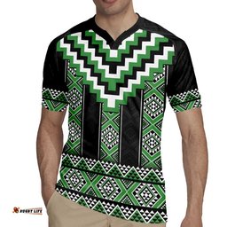 Green Taniko Pattern Aotearoa Rugby Jersey Niho Taniwha Mix Poutama LT14