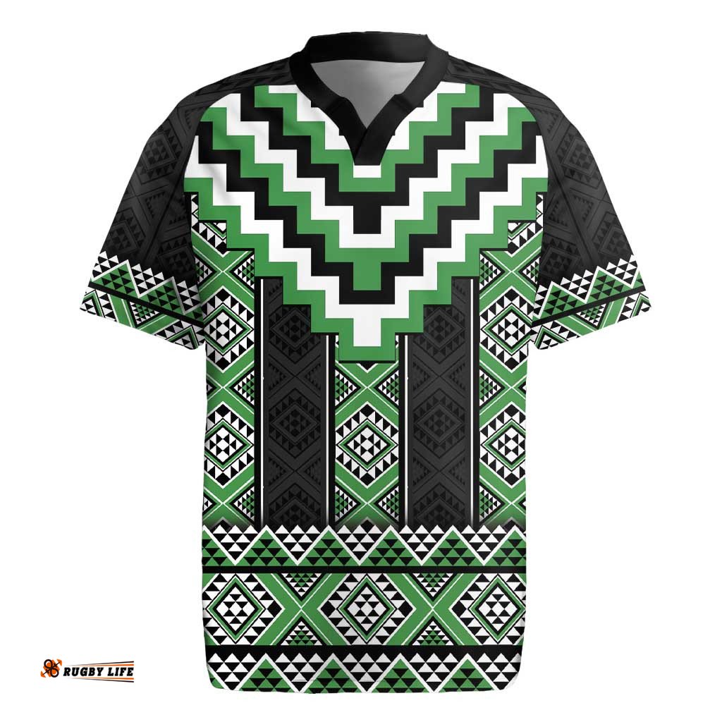 Green Taniko Pattern Aotearoa Rugby Jersey Niho Taniwha Mix Poutama LT14
