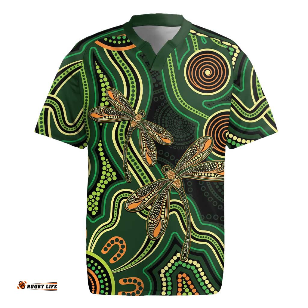Green Indigenous Dragonfly Australia Rugby Jersey Aboriginal Art LT14