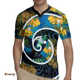 New Zealand Tui Bird Rugby Jersey Maori Koru With Kowhai Flowers LT05