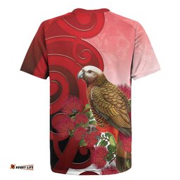 New Zealand Parrot Kaka Rugby Jersey Maori Koru With Pohutukawa Flowers LT05