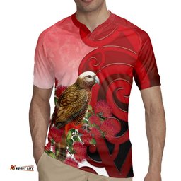 New Zealand Parrot Kaka Rugby Jersey Maori Koru With Pohutukawa Flowers LT05