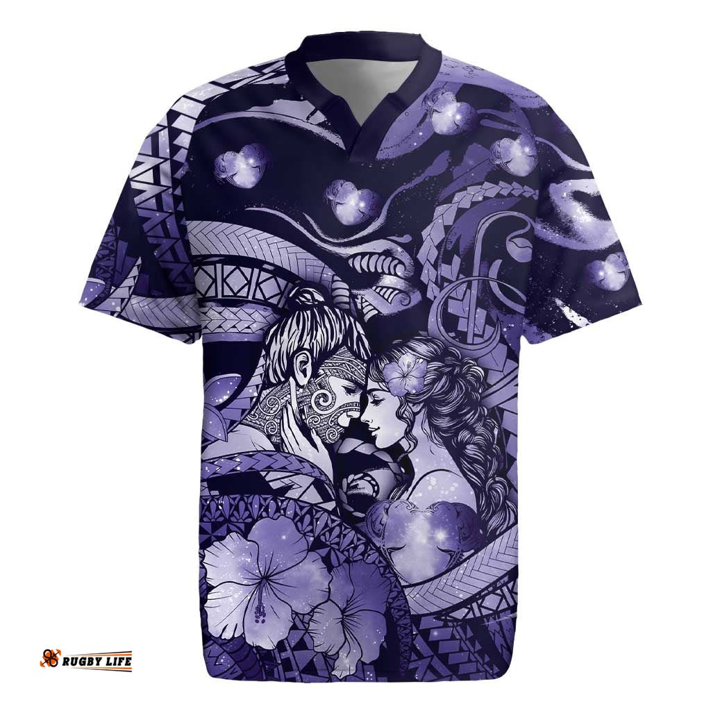 Personalised Maori Romantic Valentine Rugby Jersey The Hongi Kiss Purple Galaxy DT05
