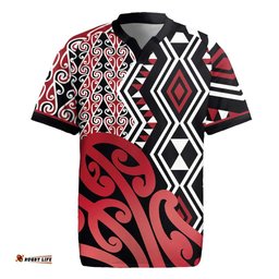 New Zealand Rugby Jersey Aotearoa Kowhaiwhai Mix Taniko Art - Red LT14