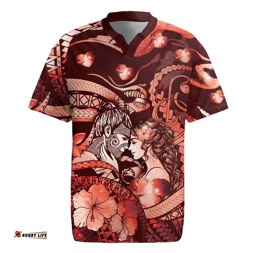 Personalised Maori Romantic Valentine Rugby Jersey The Hongi Kiss Red Galaxy DT05