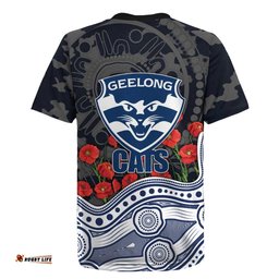 Geelong Cats ANZAC Day Rugby Jersey Indigenous Dot Art with Poppy Flower Tribute TS04