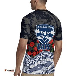Geelong Cats ANZAC Day Rugby Jersey Indigenous Dot Art with Poppy Flower Tribute TS04