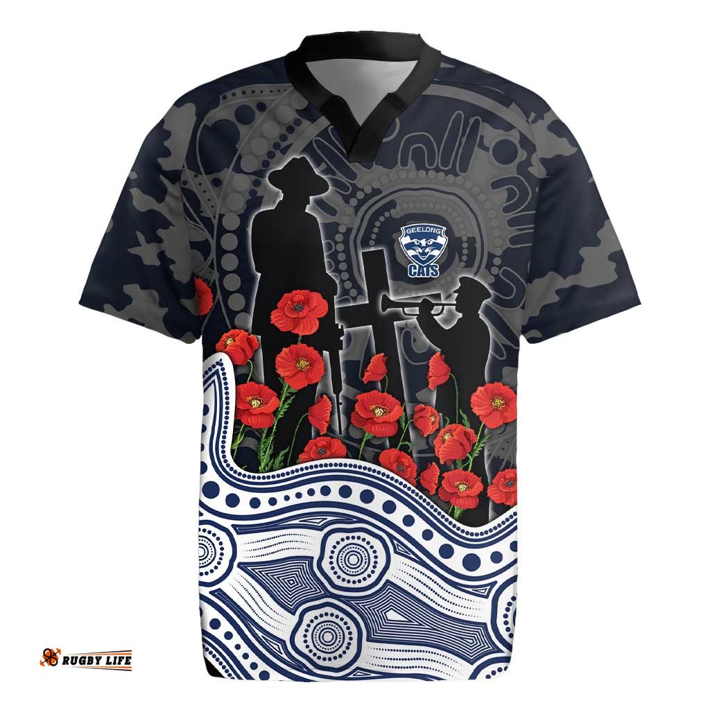 Geelong Cats ANZAC Day Rugby Jersey Indigenous Dot Art with Poppy Flower Tribute TS04