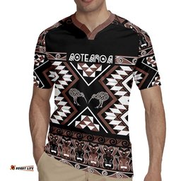 Personalised Taniko Motifs Aotearoa Rugby Jersey Waitangi Kowhaiwhai Kiwi - Mocha LT7