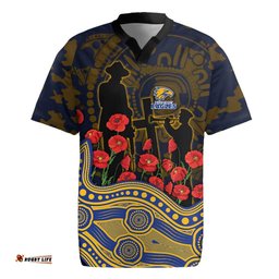 West Coast Eagles ANZAC Day Rugby Jersey Indigenous Dot Art with Poppy Flower Tribute TS04