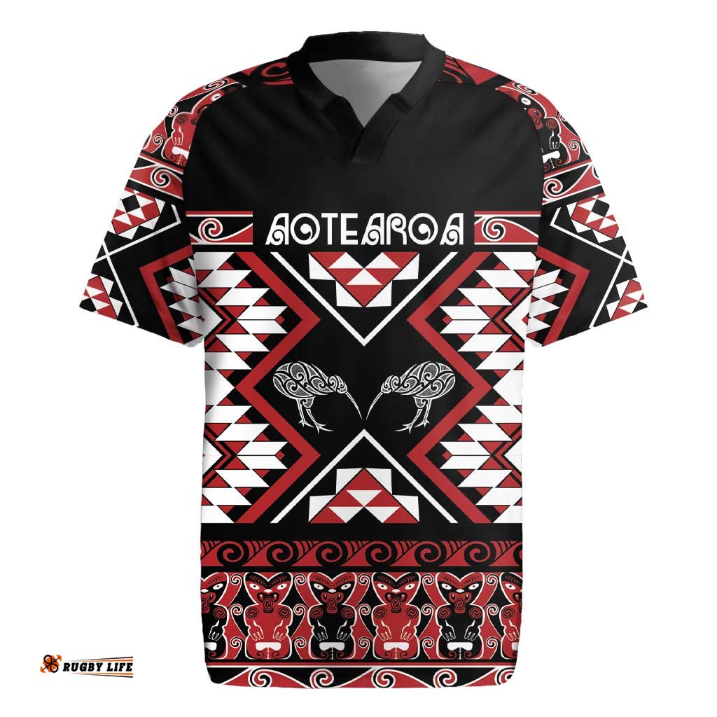 Personalised Taniko Motifs Aotearoa Rugby Jersey Waitangi Kowhaiwhai Kiwi LT7
