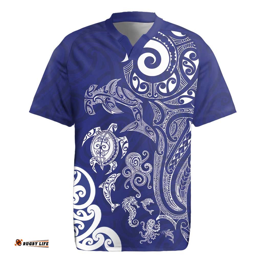 New Zealand Sea Animals with Maori Tribal Tattoo Rugby Jersey Blue Color LT03