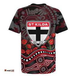 St Kilda Saints ANZAC Day Rugby Jersey Indigenous Dot Art with Poppy Flower Tribute TS04